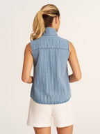 Striped Tie Neck Sleeveless Denim Blouse for Women Casual Summer