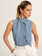 Striped Tie Neck Sleeveless Denim Blouse for Women Casual Summer