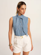 Striped Tie Neck Sleeveless Denim Blouse for Women Casual Summer