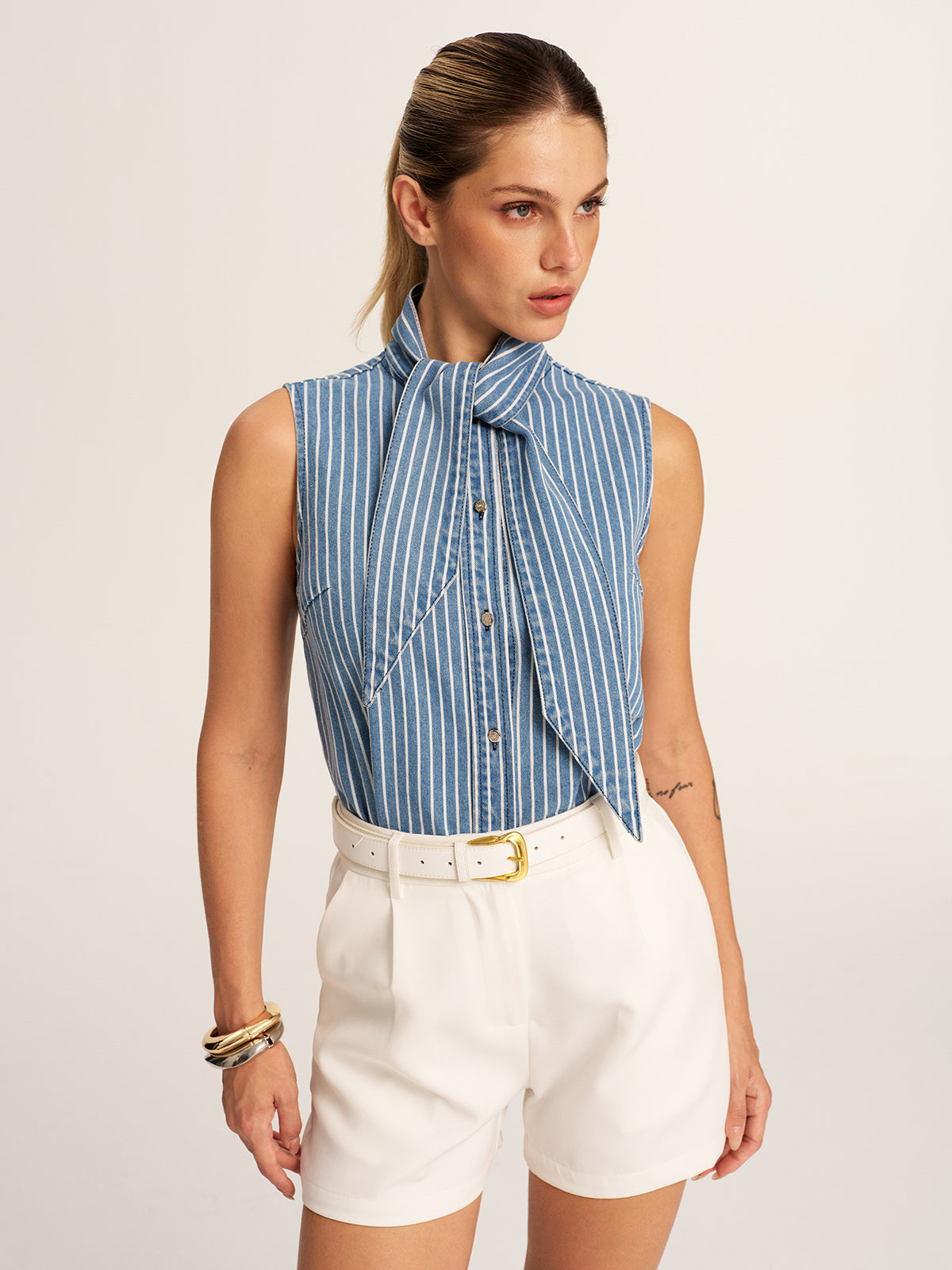 Striped Tie Neck Sleeveless Denim Blouse for Women Casual Summer