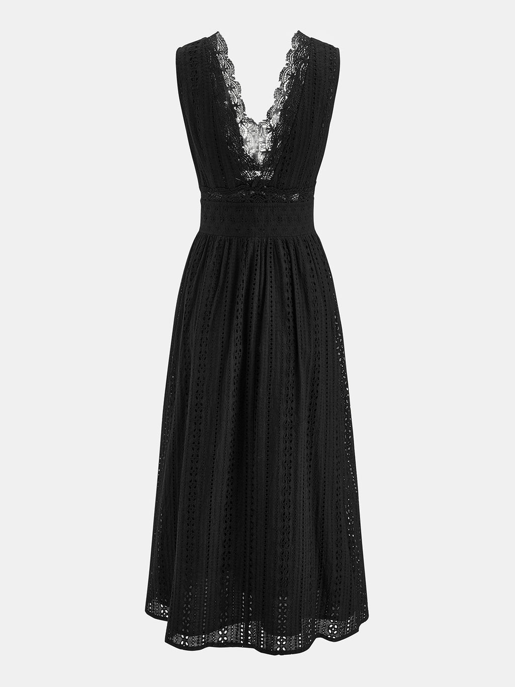 Lace Trim V-Neck Eyelet Maxi Dress with Flutter Sleeves and Side Slit