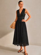 Lace Trim V-Neck Eyelet Maxi Dress with Flutter Sleeves and Side Slit