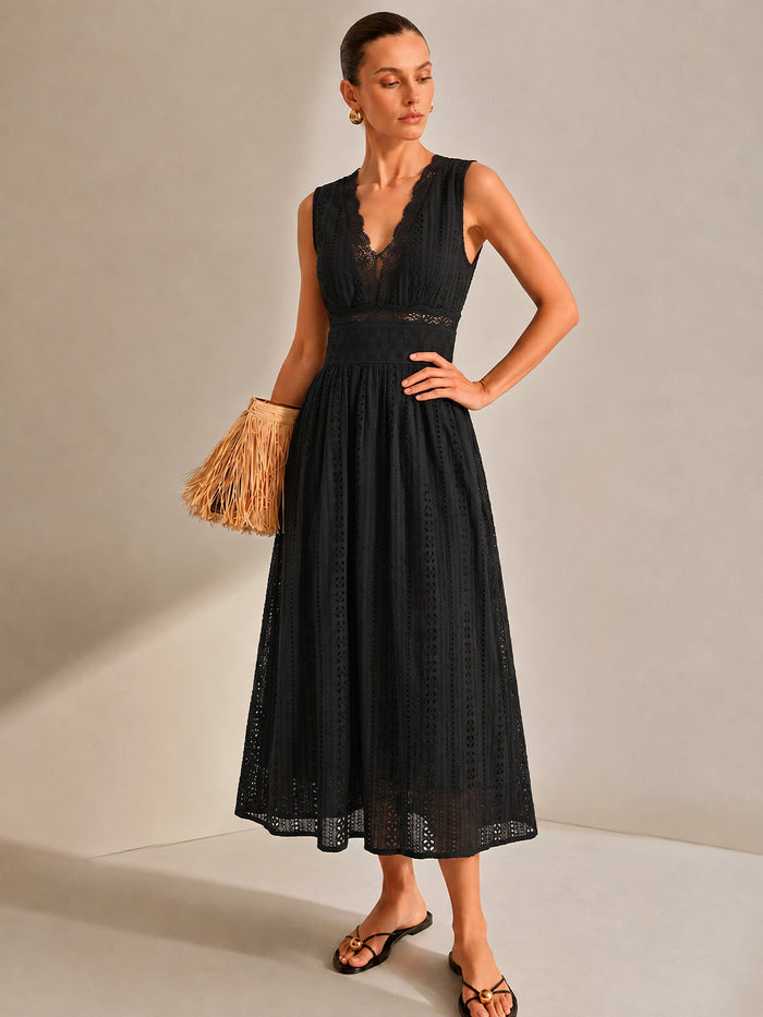 Lace Trim V-Neck Eyelet Maxi Dress with Flutter Sleeves and Side Slit