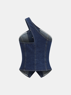 One Shoulder Buttoned Denim Vest with Adjustable Strap
