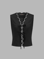 Tie-Front Scallop Trim Top & Shorts Set with Elastic Waistband