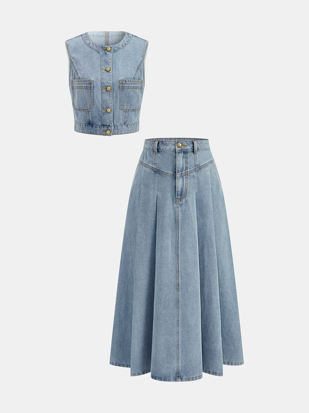 Denim Crop Vest & Pleated Midi Skirt Set for Casual Outfits