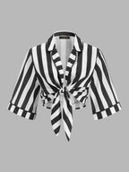 Striped Knotted Blouse & Tropical Palm Print Skirt Set for Women