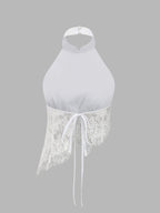 Frog Button Halter Lace Asymmetric Women's Top & Stylish Pants Set