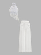 Frog Button Halter Lace Asymmetric Women's Top & Stylish Pants Set