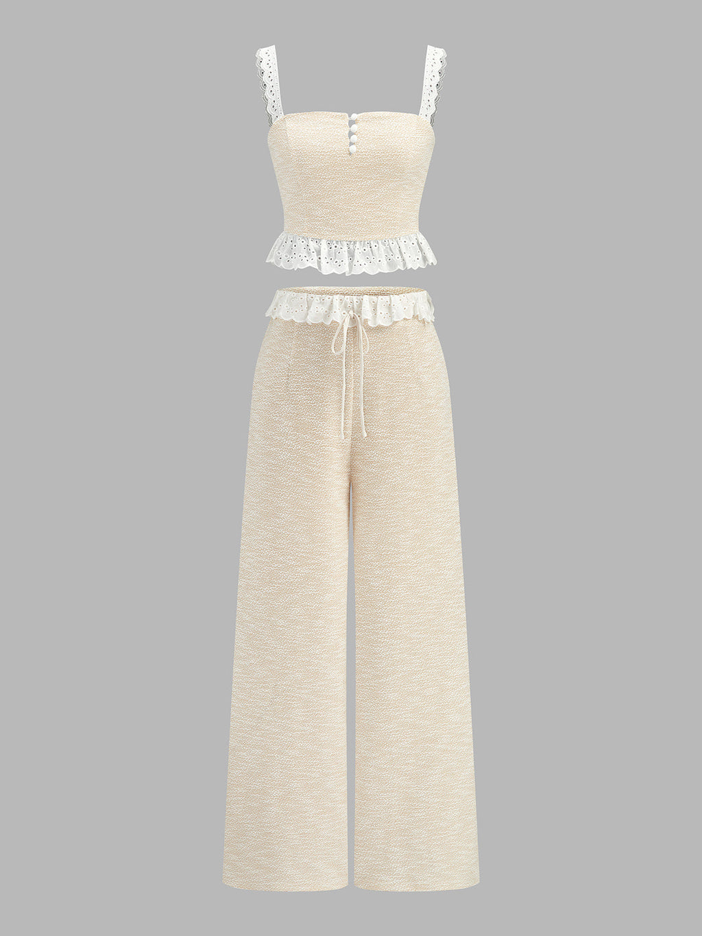 Lace Trim Textured Cami Top & Drawstring Pants Loungewear Set for Women