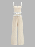 Lace Trim Textured Cami Top & Drawstring Pants Loungewear Set for Women