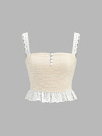 Lace Trim Textured Cami Top & Drawstring Pants Loungewear Set for Women