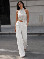 Frog Button Halter Lace Asymmetric Women's Top & Stylish Pants Set