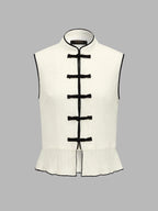 Frog Button Contrast Piping Textured Peplum Top for Women Casual Wear