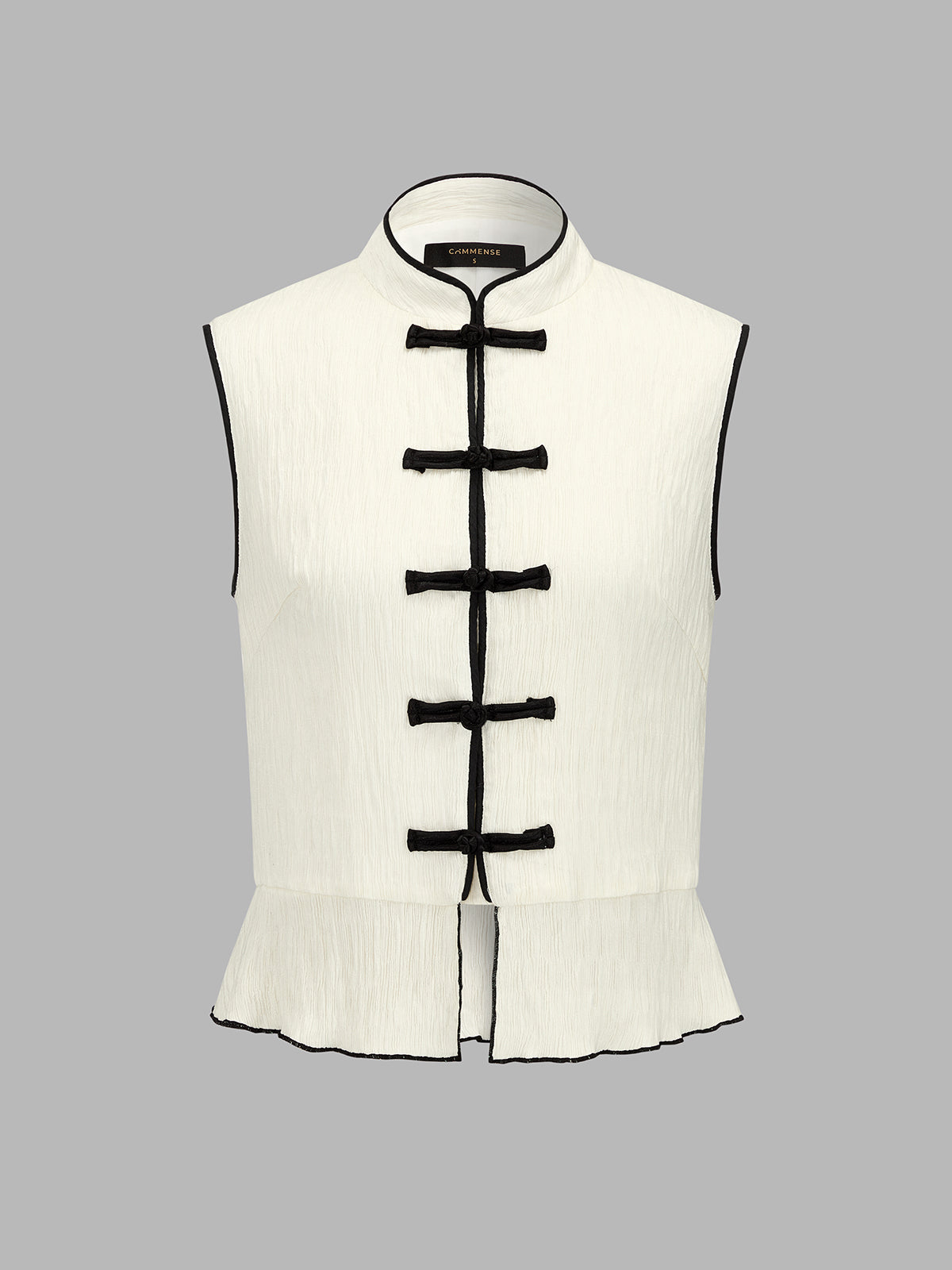 Frog Button Contrast Piping Textured Peplum Top for Women Casual Wear