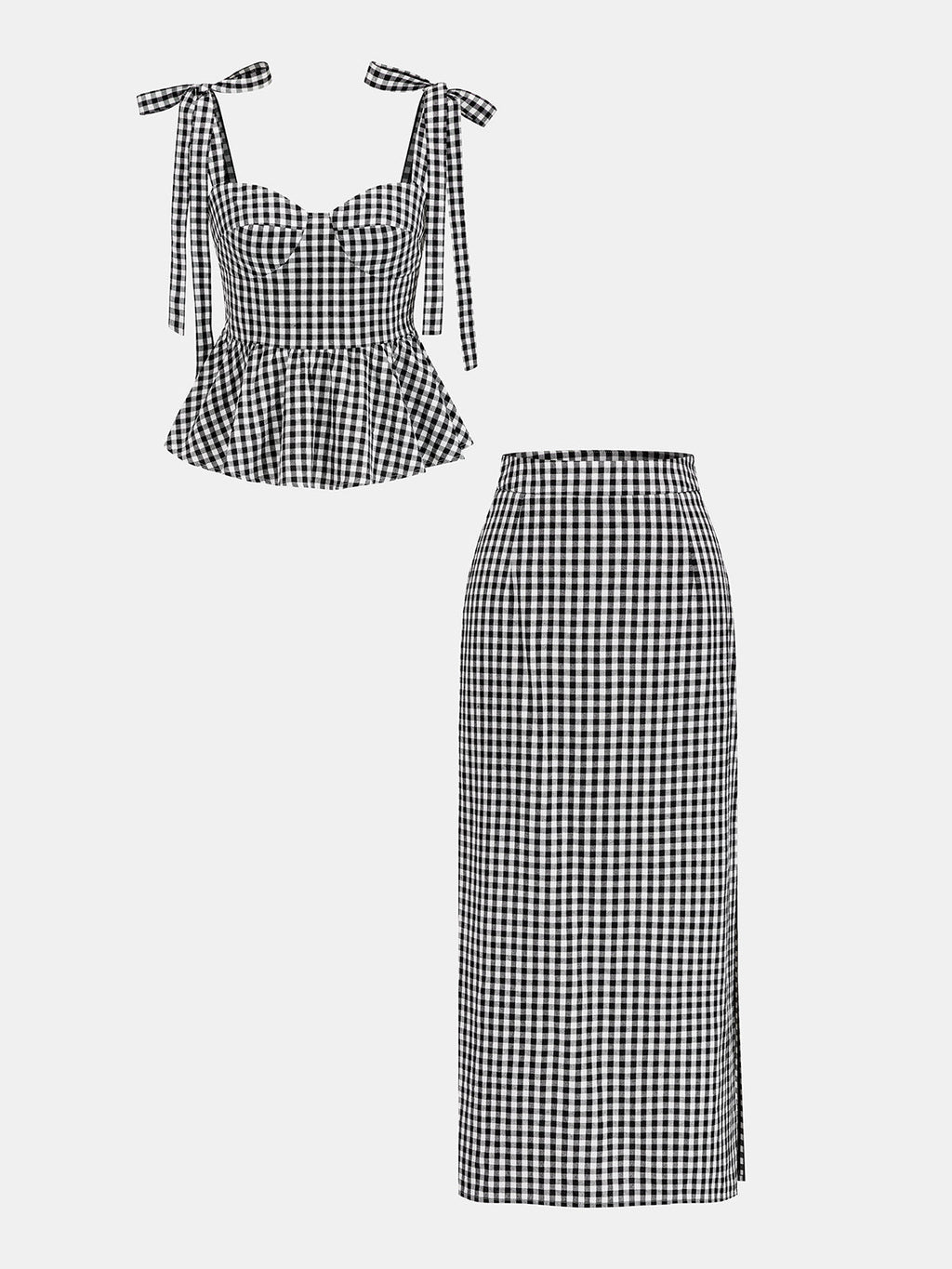 Gingham Bow-Strap Top & Midi Skirt Set for Women Spring Collection