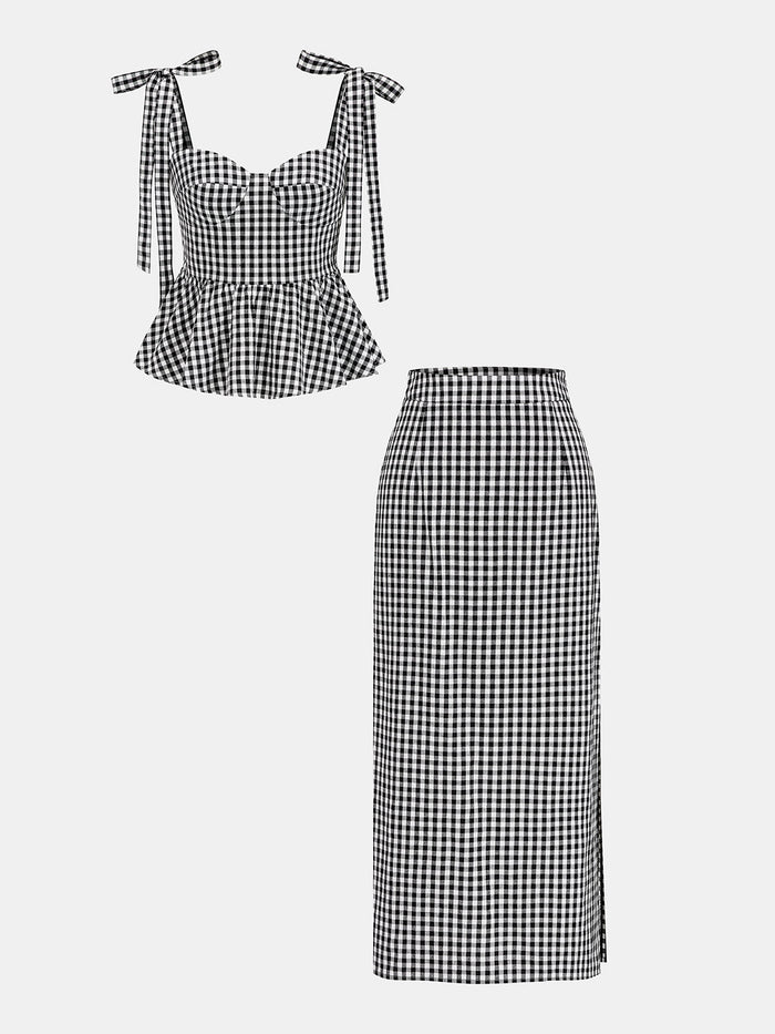 Gingham Bow-Strap Top & Midi Skirt Set for Women Spring Collection