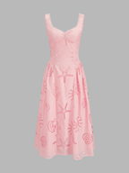 Ocean Cutwork Flared Midi Dress with Elegant Lace Detailing