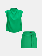 Draped Mock Neck Blouse & Tie-Waist Mini Skirt Set for Elegant Evening Wear