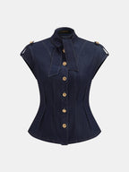 Tie Neck Epaulette Waist-Cinched Denim Blouse Women's Casual Fashion Top