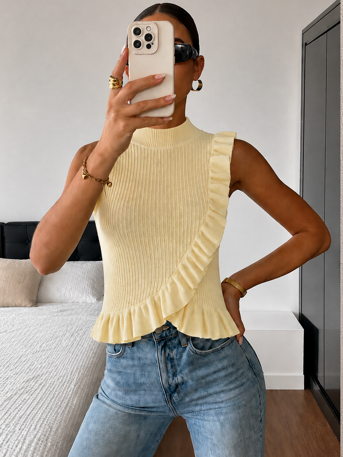 Ribbed High Neck Ruffle Sleeveless Top for Women Casual Wear