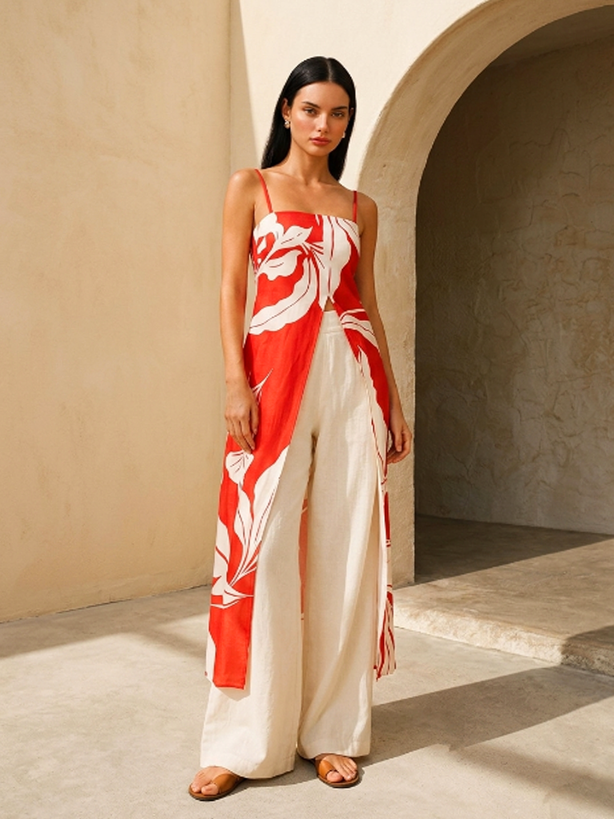 Leaf Printed Longline Cami Top for Summer Casual Wear