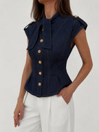 Tie Neck Epaulette Waist-Cinched Denim Blouse Women's Casual Fashion Top