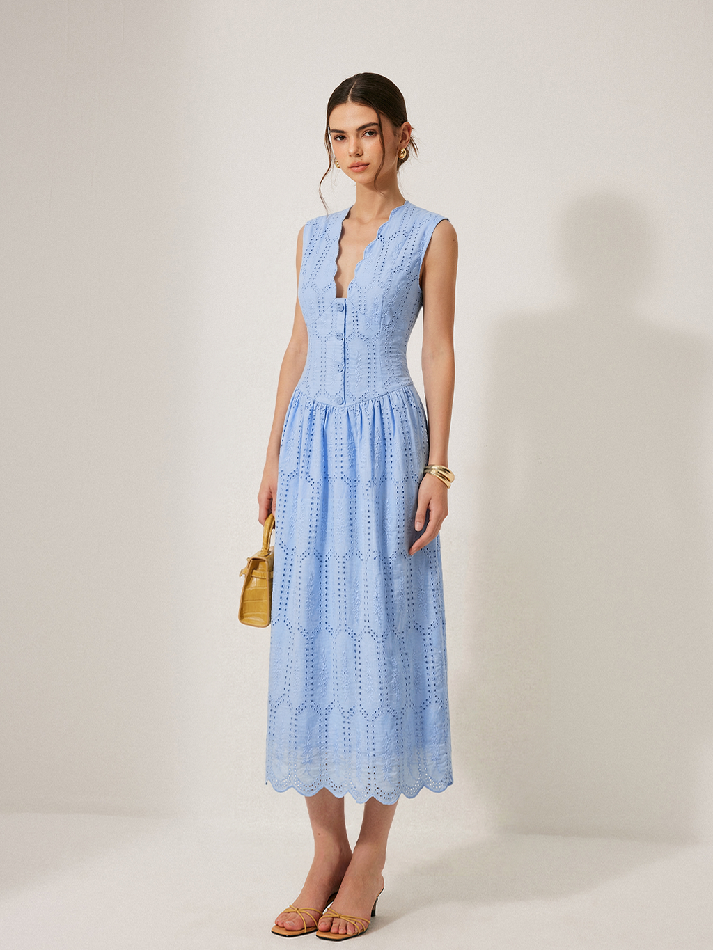 Sleeveless Embroidered Cotton Eyelet Midi Dress for Summer Weddings