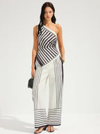 Striped One-Shoulder Top & High-Waisted Pants Outfit Set for Women