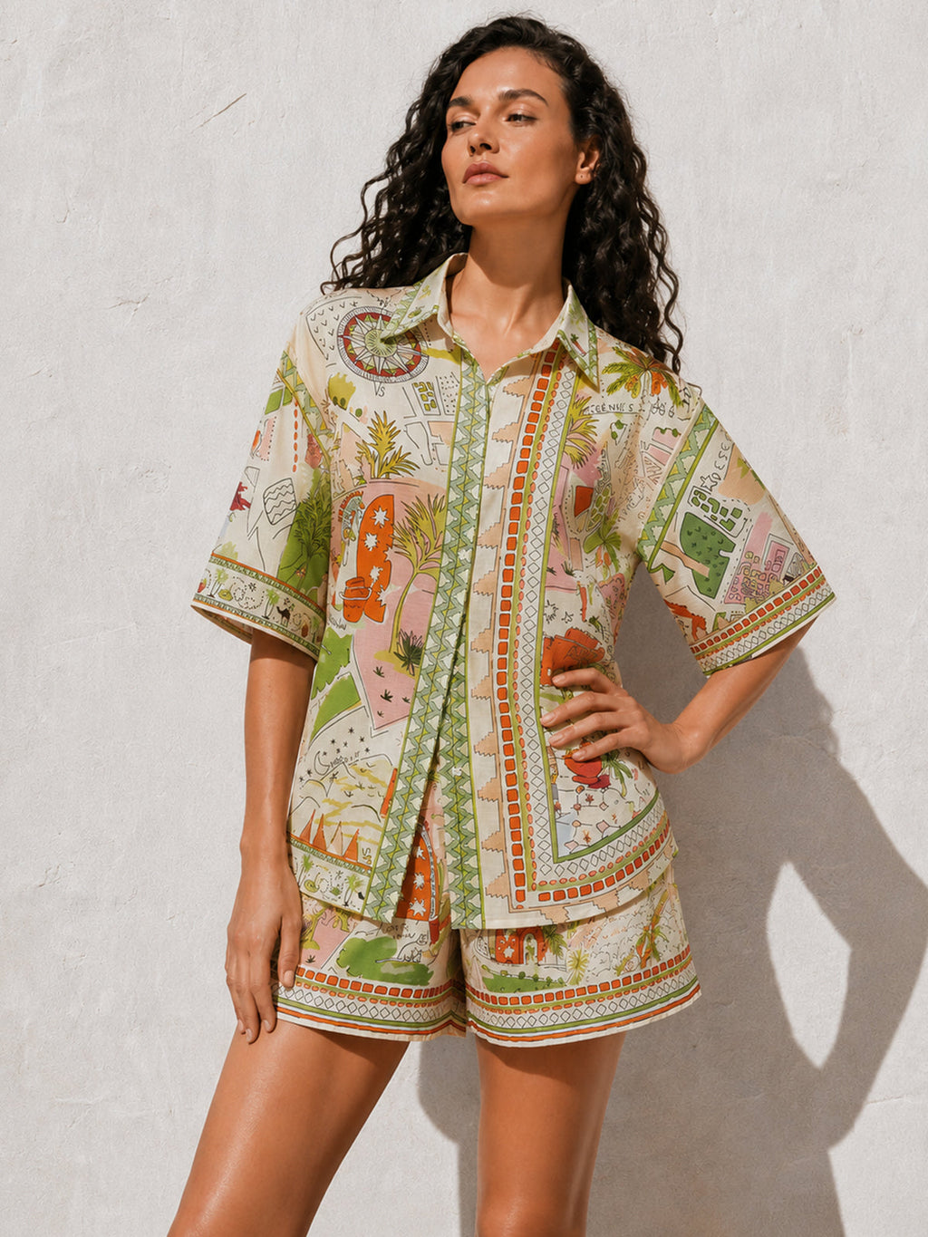 Printed Short Sleeve Shirt & Drawstring Shorts Set for Men Summer Beach Wear
