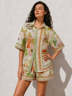 Printed Short Sleeve Shirt & Drawstring Shorts Set for Men Summer Beach Wear