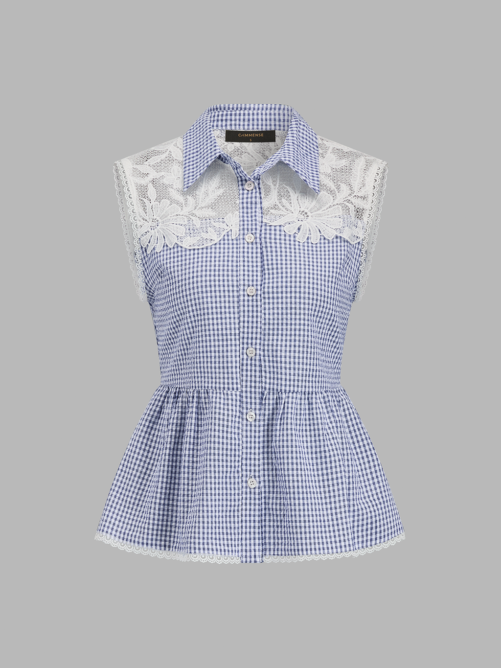 Gingham Lace Panel Sleeveless Peplum Shirt with Ruffled Trim Detail