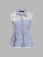 Gingham Lace Panel Sleeveless Peplum Shirt with Ruffled Trim Detail