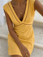 Linen Blend Eyelet Trim Sleeveless Mini Dress for Summer Casual Wear