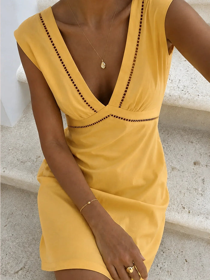 Linen Blend Eyelet Trim Sleeveless Mini Dress for Summer Casual Wear