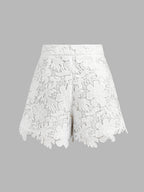 Guipure Lace Short Sleeve Shirt & Shorts Set for Women Summer Casual