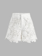 Guipure Lace Short Sleeve Shirt & Shorts Set for Women Summer Casual