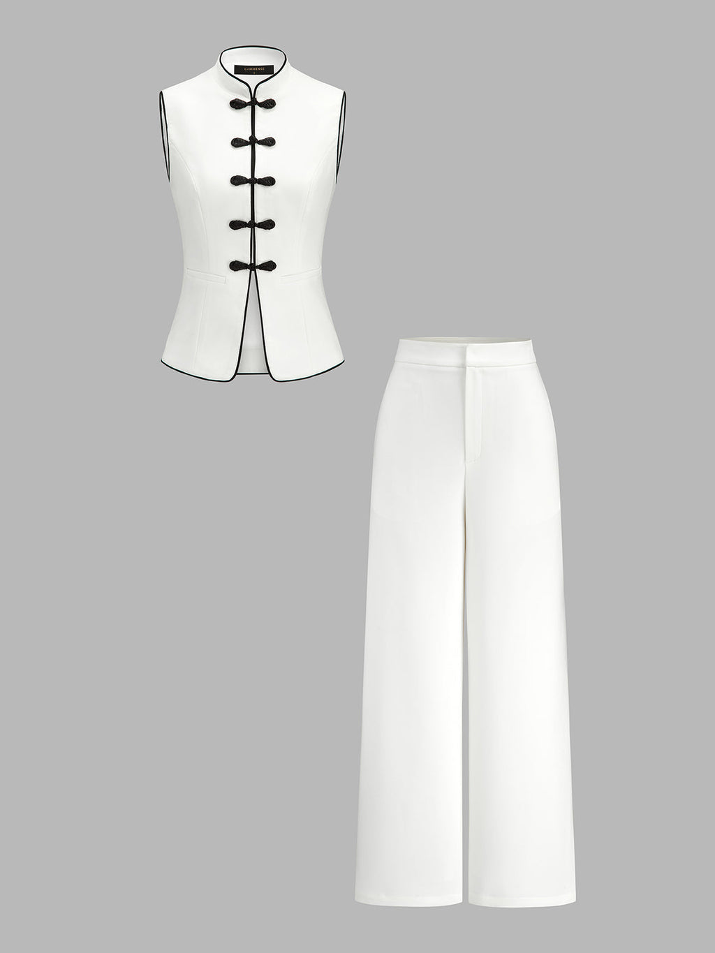 Frog Button Vest & Wide Leg Pant Set Traditional Asian-Inspired Fashion
