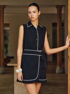 Contrast Piping Sleeveless Collared Cotton Mini Dress with Button Front Closure