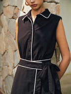 Contrast Piping Sleeveless Collared Cotton Mini Dress with Button Front Closure
