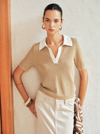 Contrast Collar Waffle Texture Polo Knit Top for Men Breathable Soft