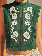 Floral Embroidery Lace Trim Sleeveless Blouse for Women Casual Summer Wear