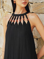 Bead Cutout Neck Crinkle Maxi Dress - Elegant Flowy Evening Wear