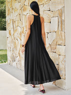 Bead Cutout Neck Crinkle Maxi Dress - Elegant Flowy Evening Wear