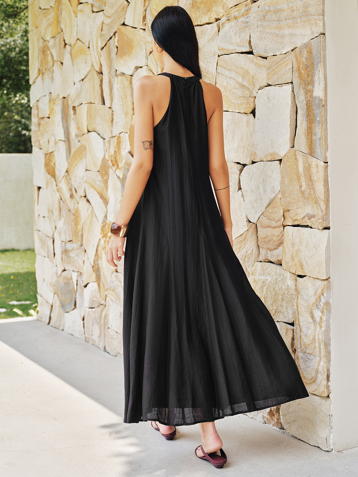 Bead Cutout Neck Crinkle Maxi Dress - Elegant Flowy Evening Wear