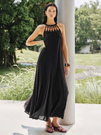 Bead Cutout Neck Crinkle Maxi Dress - Elegant Flowy Evening Wear