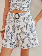 Floral Print Sleeveless Top & Belted Shorts Set for Women Summer Wear