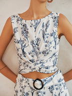Floral Print Sleeveless Top & Belted Shorts Set for Women Summer Wear