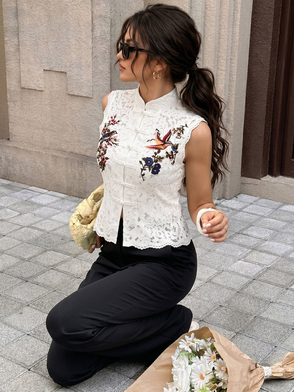 Embroidered Birdsong Lace Top Elegant Floral Design Detail