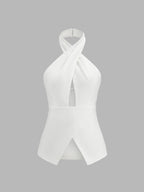 Cross Halter Split Hem Blouse with Open Back Detail
